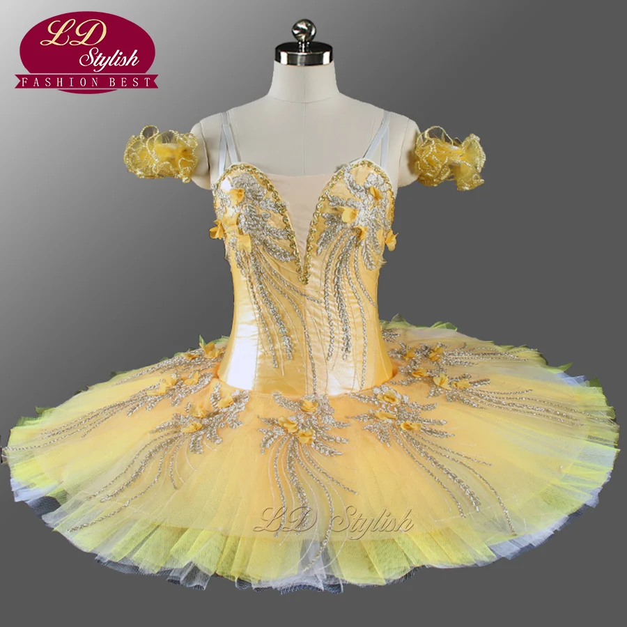 

Girls Professional Ballet Tutu Yellow Gold Flower Fairy Pancake Nutcracker Ballerina Dress Pancake Ballet Tutu LD0076