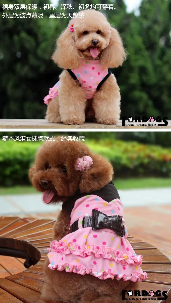 Гофрированное платье принцессы для собак, Пятнистое с бантом на поясе, хлопковые товары для домашних животных, одежда розового и черного цвета, XS-XL