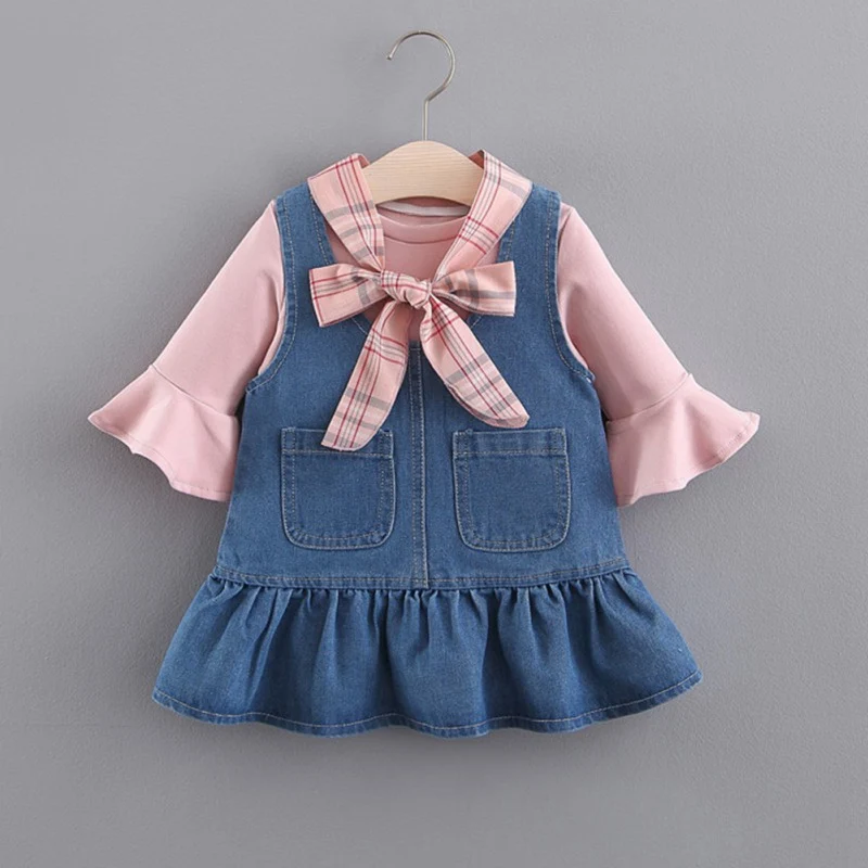 

Summer kid clothes for Girl Short Sleeve Flare Sleeve Cotton T-shirt Blouse Strap Denim Dress Fashion clothes Set