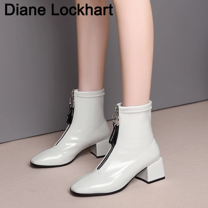

Autumn Winter Chelsea Boots Women Patent Leather Ankle Boots 2019 New Dropshipp Square heel Zipper Bota mujer chaussures femme