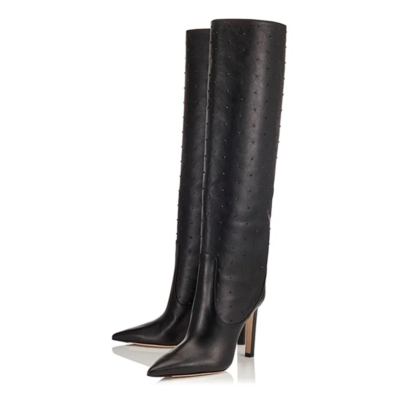 Брендовая пикантная женская обувь на высоком каблуке из мягкой кожи в ковбойском стиле; обувь для танцев; сезон осень-зима; зимние ботинки; женские черные ботинки с острым носком для бега - Цвет: black rivets