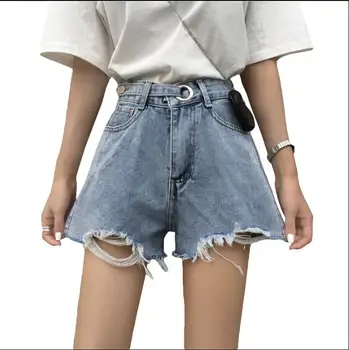 

Summer loose high waist hole denim shorts