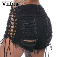 Viifaa Summer Hole Denim Jeans Shorts 2017 Women Sexy Lace Up Hollow Out Ripped Shorts High Waist Black Short