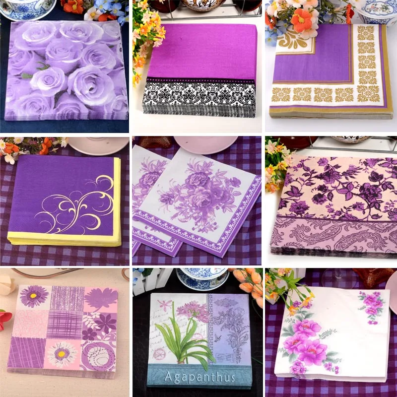 Fancy Purple Series Flower Panting Biodegradable Paper Napkin for