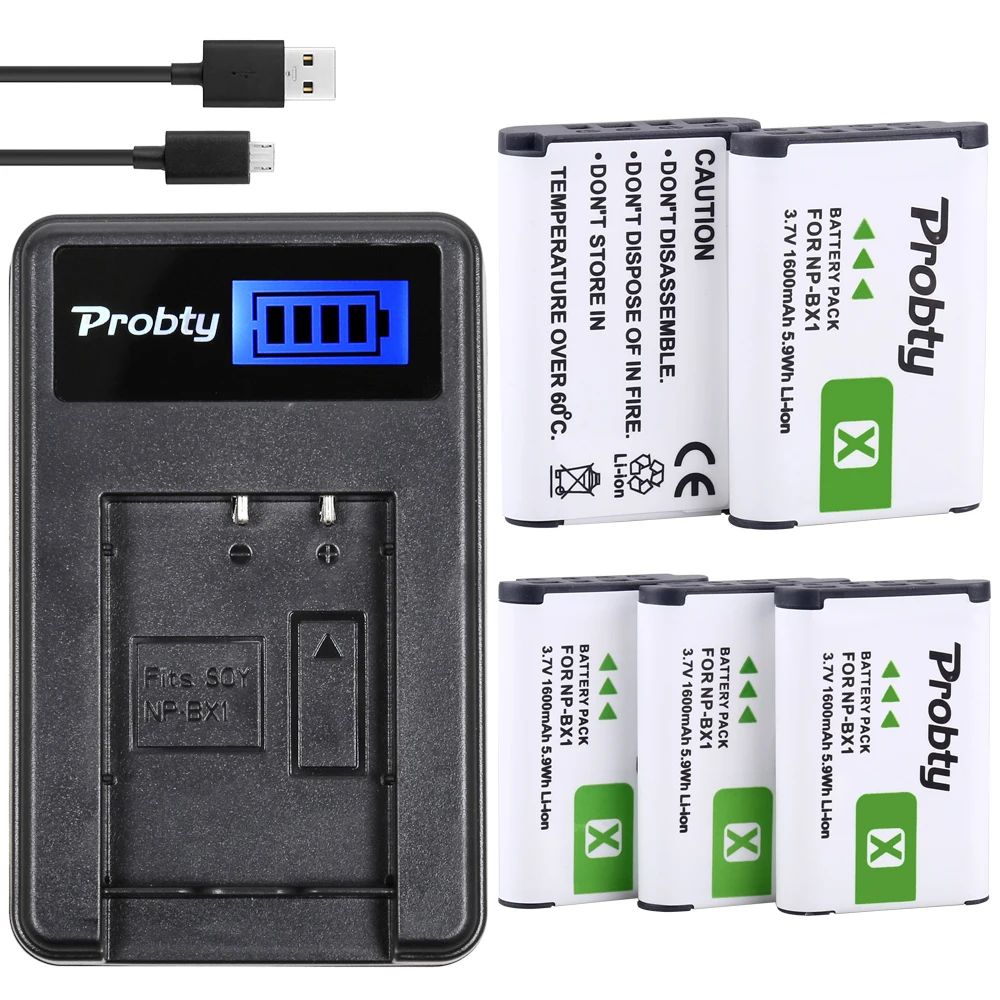 

PROBTY 5Pcs NP-BX1 NP BX1 Batteries + LCD Charger For Sony DSC-RX100 DSC-WX500 IV RX10 II HX300 WX300 HDR-AS15 CX240E MV1 AS30V