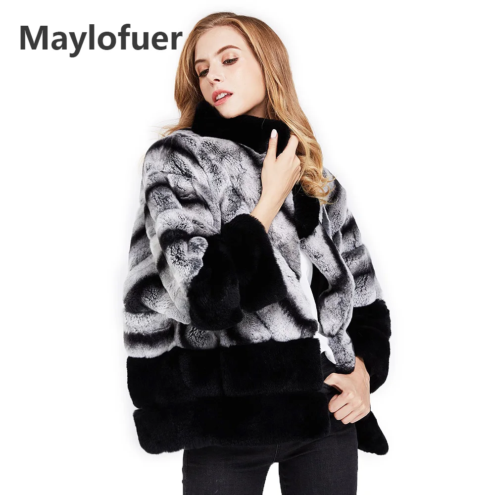 

Maylofuer 100% Rex Rabbit Fur Coats Winter Women Fur Jacket Chinchilla Rabbit Fur Garment with Bat Sleeves Lady Coat