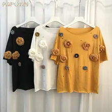 Летняя женская футболка с короткими рукавами, однотонная хлопковая Футболка с круглым вырезом, сшитая вручную, с объемными цветами