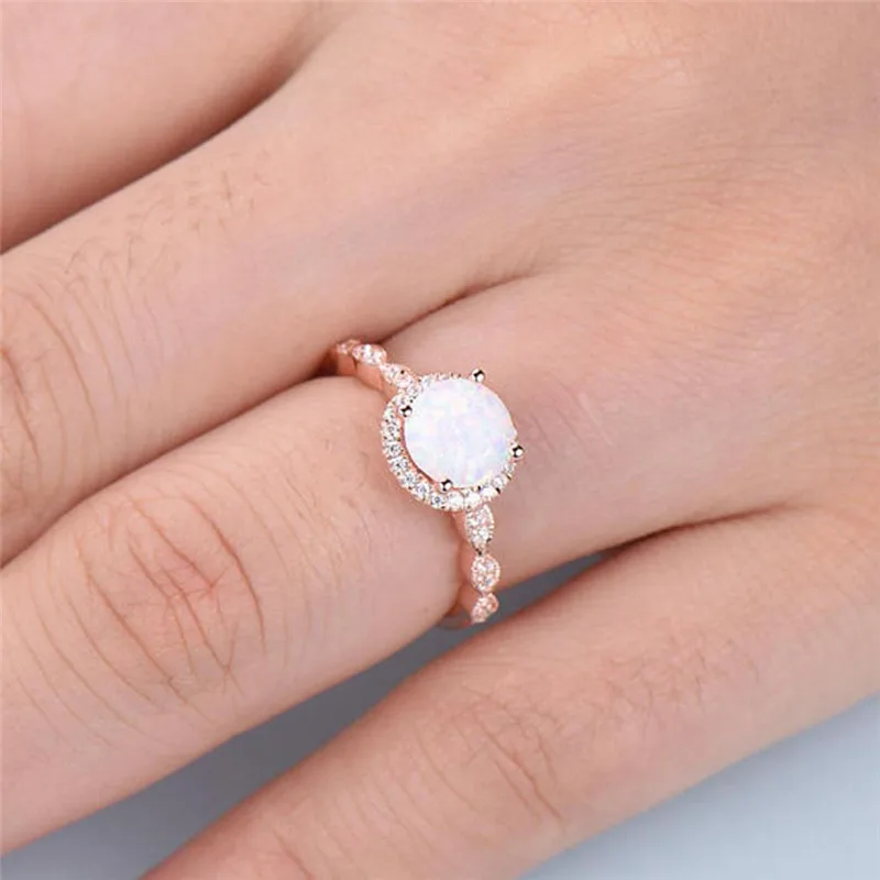 ROMAD Dainty Round Fire Opal Rings for Women Rose Gold CZ Engagement Rings in Copper Promise Ring With Gift Box R4