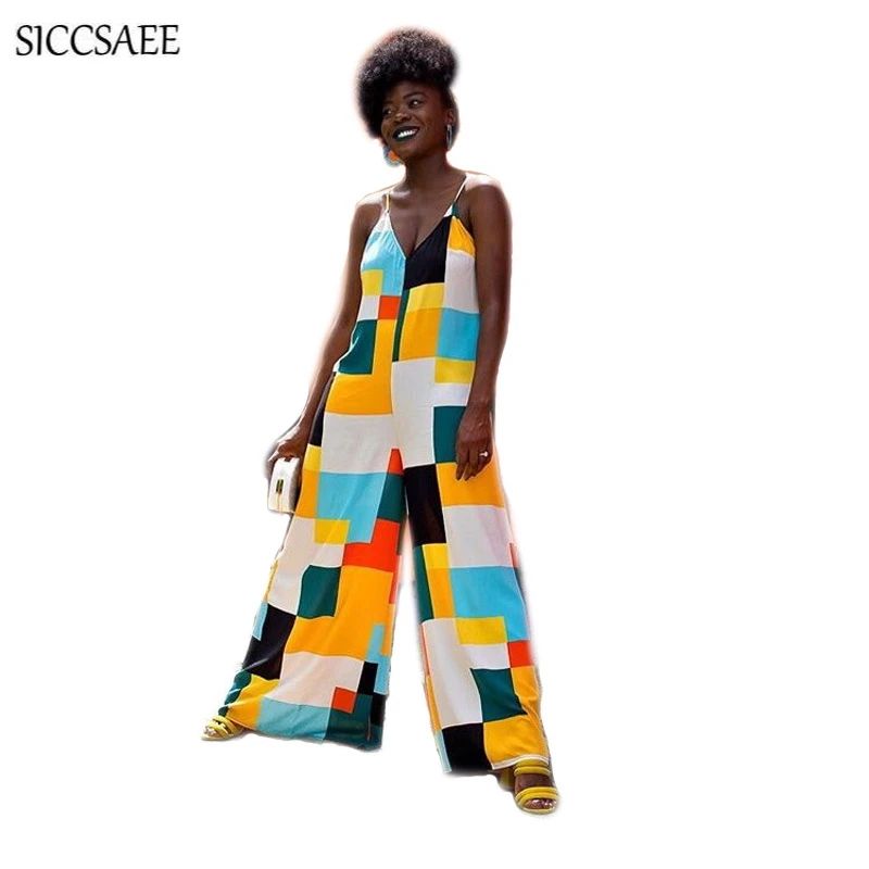 

Colorful Geometric Print Harem Jumpsuit For Women Wide Leg Bell Bottom Pants Backless Suspenders Bohemian Style Overalls Loose