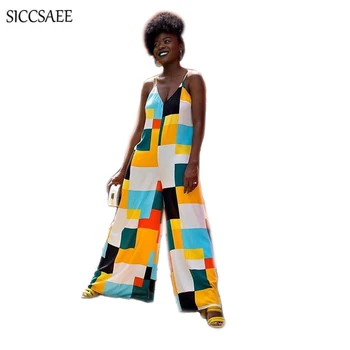

Colorful Geometric Print Harem Jumpsuit For Women Wide Leg Bell Bottom Pants Backless Suspenders Bohemian Style Overalls Loose