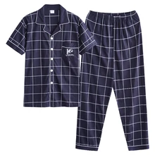 Для мужчин пижамы летние пижамы Хлопковая полосатая Мужская пижама комплект Рубашки с коротким рукавом+ длинные штаны пижамы Для мужчин отложной воротник Lounge пижамы