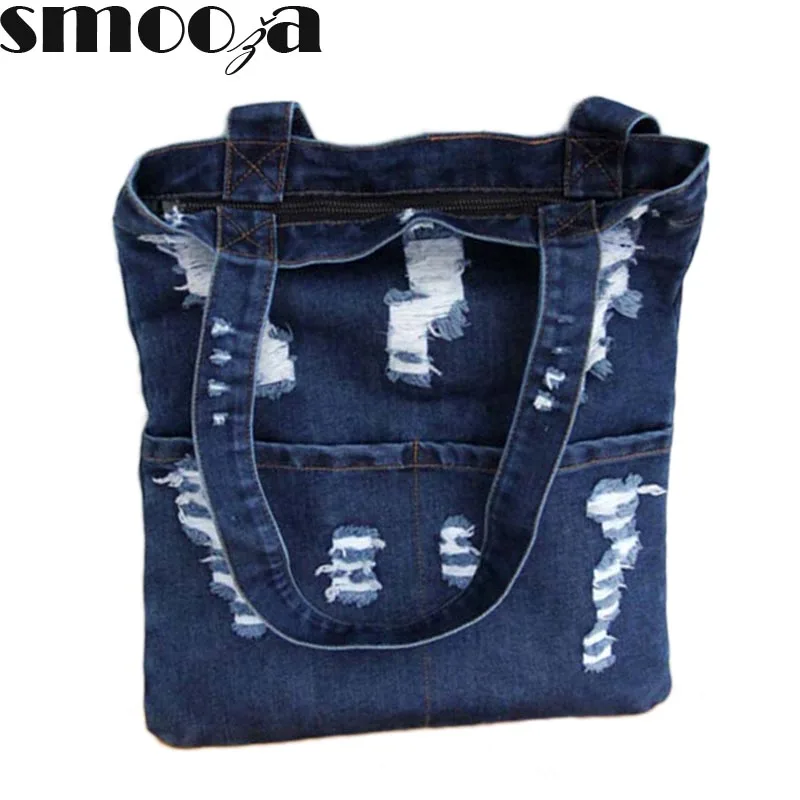 

SMOOZA Denim Tote Bag Casual Pastel Light Blue Jean Fabric Top Handle Zipper Cute Front Pocket Shopping Book School Handbags