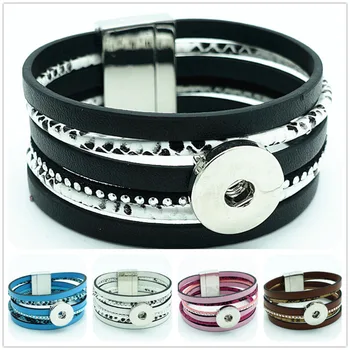 

New SE0124 Fashion Colorful Leather multi layer Bracelet snap bangle Magnetic buckle fit 18MM snap button snap jewelry wholesale