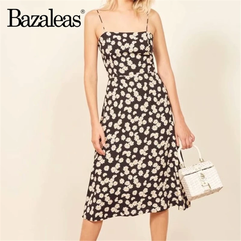 

Dasiy Print Summer Dress summer Adjustable spaghetti straps vestidos Chic Slim Split Midi Dresses