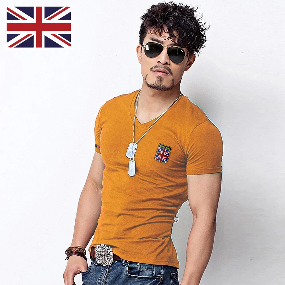 Вышитый Флаг футболки Мужская Дизайнерская одежда винтажные военные футболки с круглым вырезом облегающие топы для фитнеса модные британские футболки - Цвет: V neck Orange