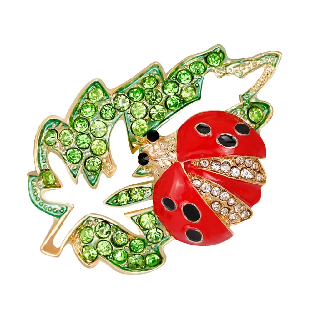 New Arrival Green Leaf Ladybug Brooch Pins Insect Brooches Female