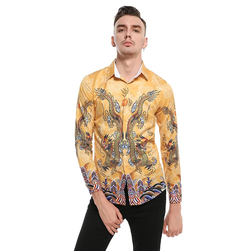 Mens Cotton Shirts Traditional Chinese Casual Long Sleeve Shirt Golden Dragon European Size Slim Mens Clothing