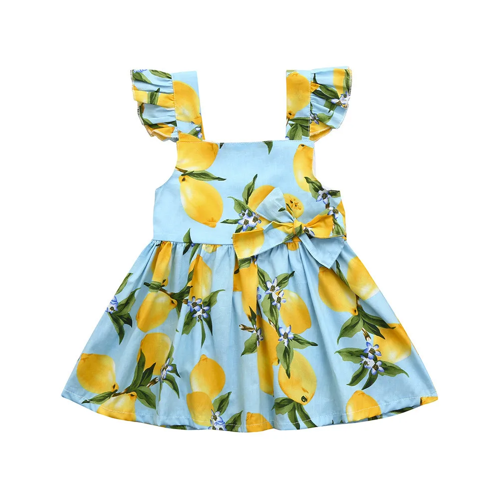 

Fashion sleeveless cute lemon fruit print personality dress bow Lace Sundress Solid Clothes Princess Casual Dress F4