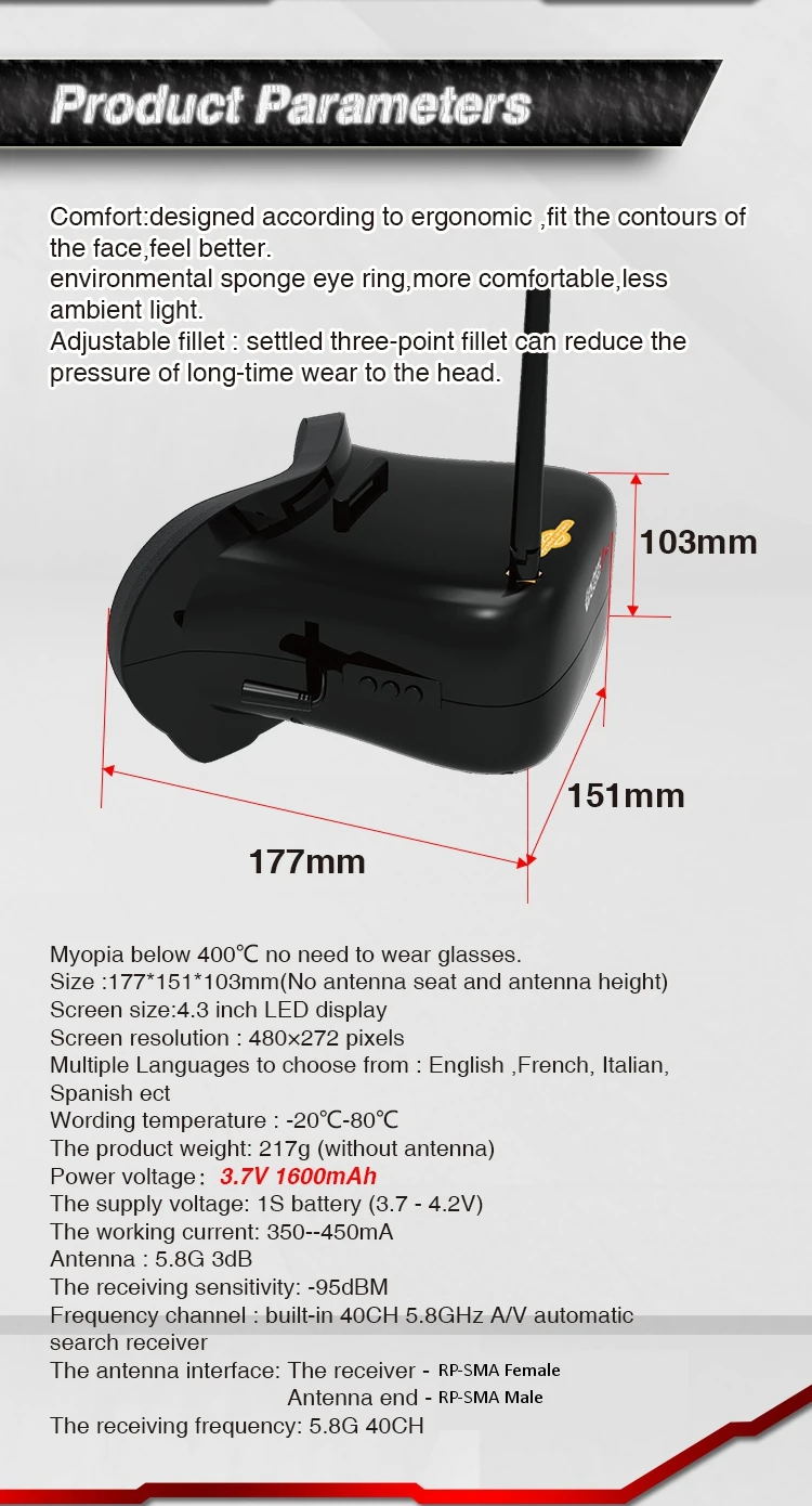 Eachine VR-007 Pro VR007 5.8G 40CH FPV lunettes 4.3 pouces casque vidéo  avec batterie 3.7V 1600mAh