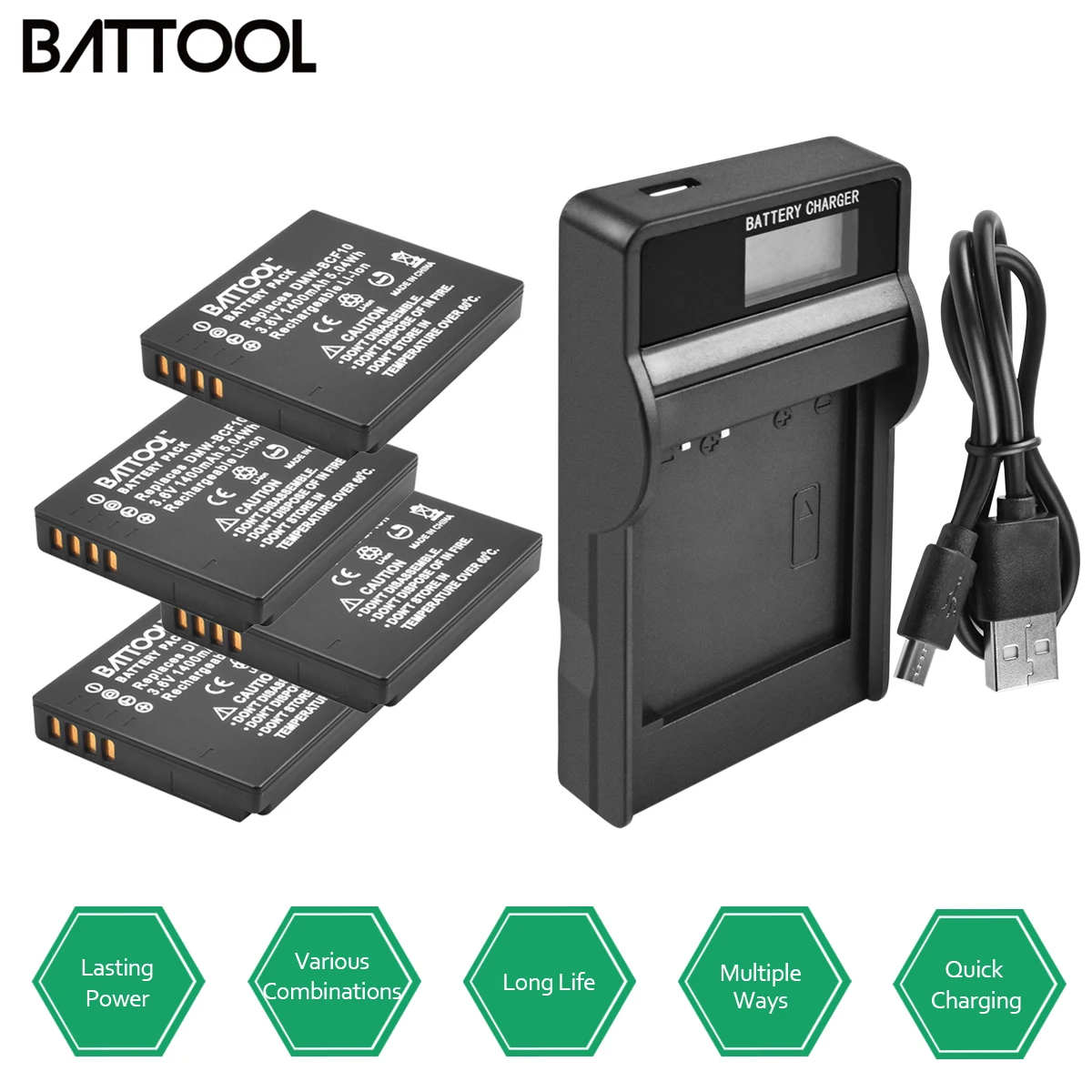 4Packs DMW BCF10 Li ion Battery 3.6V 1400mAh+1Port Battery Charger with