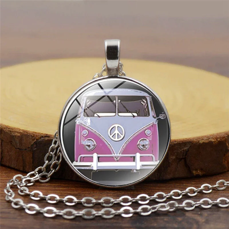

2018 new vintage Hippie Peace Sign Van Bus necklace fashion women purse bag car pendant necklace chain holder jewelry gift