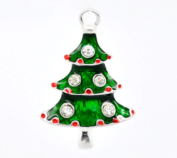 

DoreenBeads Silver Plated Rhinestone Enamel Christmas Tree Charm Pendants 26x17mm,1 pc