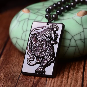 

Delicate obsidian Pure manual sculpture tiger pendant tie-in obsidian round bead necklace charm male style