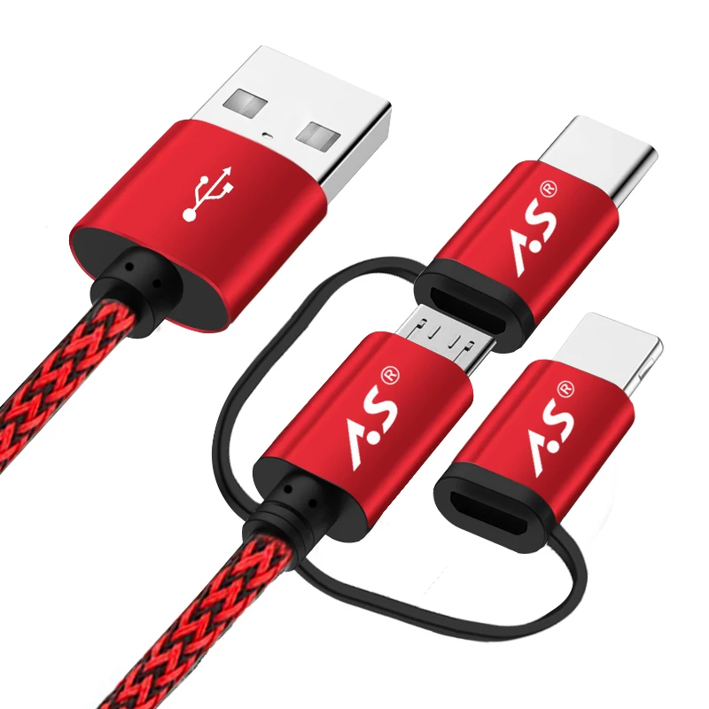 Usb-кабель A.S для iPhone X, 8, 7, 6, 5, зарядное устройство, 3 в 1, Micro USB type-C, кабели для мобильных телефонов samsung, huawei, Xiaomi, быстрая зарядка - Тип штекера: Red