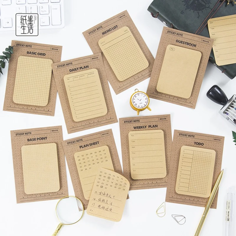 

8 Designs Planner Life Sticky Note Memo Pad Kraft Paper Lable Notepad Daily Plan Sticky Notes School Supplies