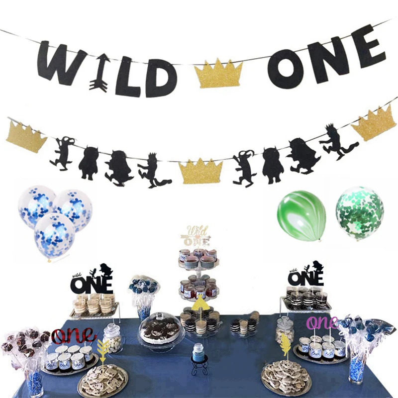 

Wild One Kid's birthday Flag Cake Topper Table or Chair Skirt Paper Tassel Balloon Lumberjack Series Set Xmas Decor