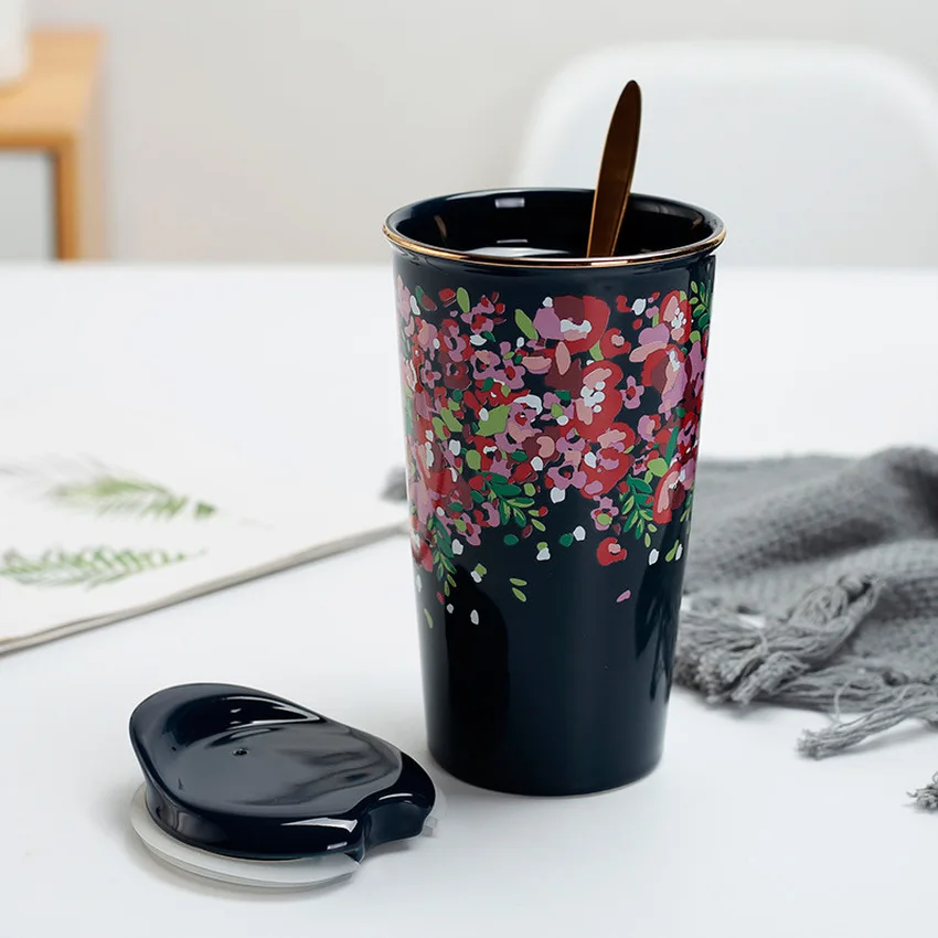 

Creative Blue Glaze Cherry Blossom Double Layer Ceramic Heat-resistant Mug Large Capacity Milk Cup with Cover Spoon Coffee Mug