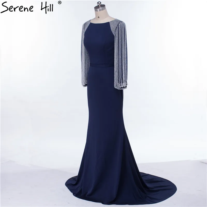 Long Sleeves  Black Beading Chain Elegant Mermaid Prom Dresses Crystal Beading Satin Dresses For Prom 2020 SERENE HILL LA6219