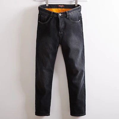 Зимние мужские высокие Стрейчевые утолщенные джинсы теплые флисовые фланелевые с подкладкой темно-синие джинсовые штаны брюки размера плюс 28-44 46 48 - Цвет: Blue Black