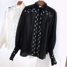 Top Quality Silk Linen Blouses Ladies Fashion Chic Hollow Out Lantern Sleeve Elegant Blouse Tops chic faux zircon hollow out palm foot bracelet