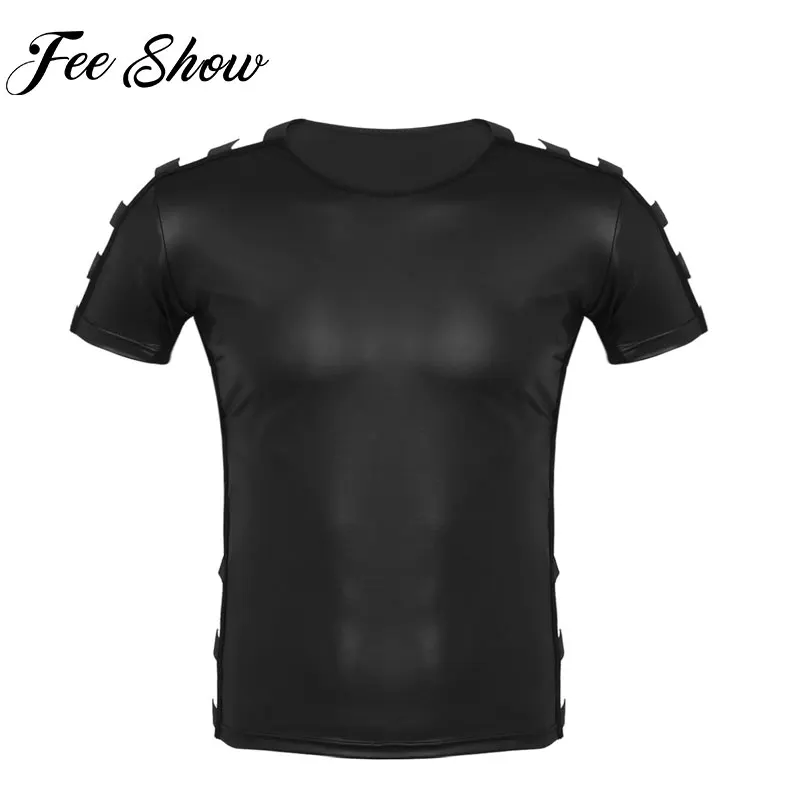 FEESHOW Mens Soft Faux Leather Short Sleeve Uniform Shirt Pullover Elastic for Nightclub Party 
