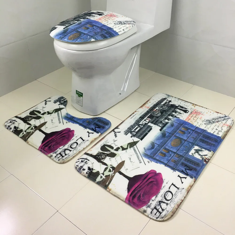 3PCS Bathroom Non Slip Ocean Style Pedestal Rug Lid Toilet Cover Bath Mat Set 