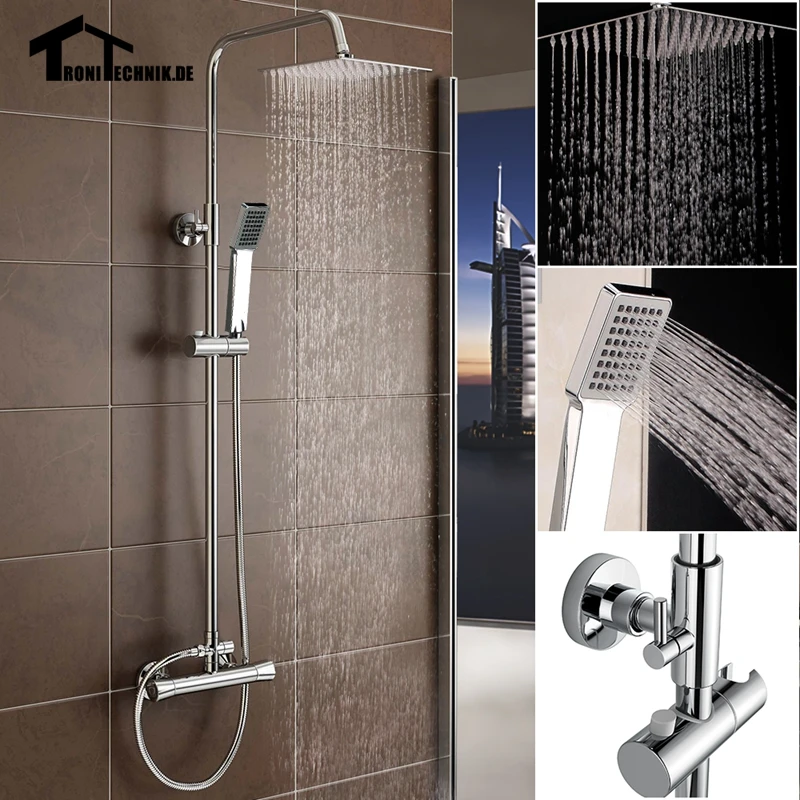 Chrome Squre Thermostatic Water Shower Faucet Set Bath Tub Shower Mixers Handshower Rain