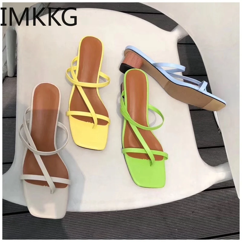 

2019 Brand Summer Women Slipper Low Heel Slides Female Peep Toe Square Heel Sandal Vacation Flip Flops mujer Shoes Y10078