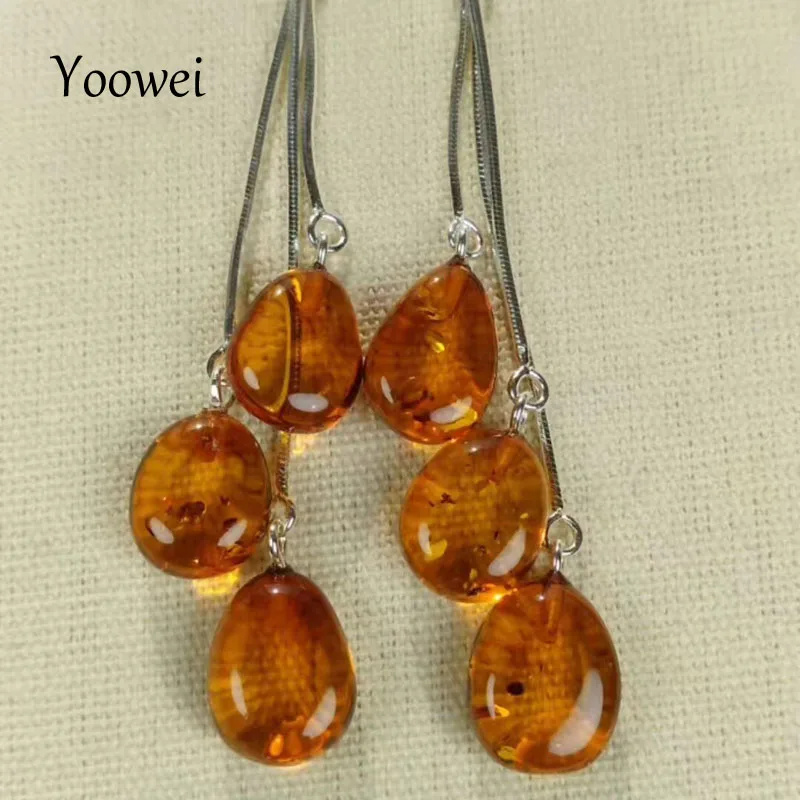 Yoowei New Baltic Natural Amber Earrings for Gift Oval Cognac Amber Bead 65mm Long Dangle Earrings Women Amber Jewelry Wholesale