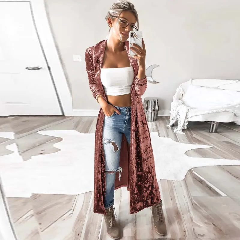 New  2020Autumn Women Open Front Long Sleeve Velvet Coat Spring Lapel Neck Slim Windbreaker Sexy Party M