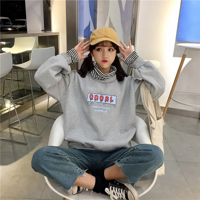 Harajuku полосатый принт графическая водолазка оверсайз Женская толстовка KPOP 2019