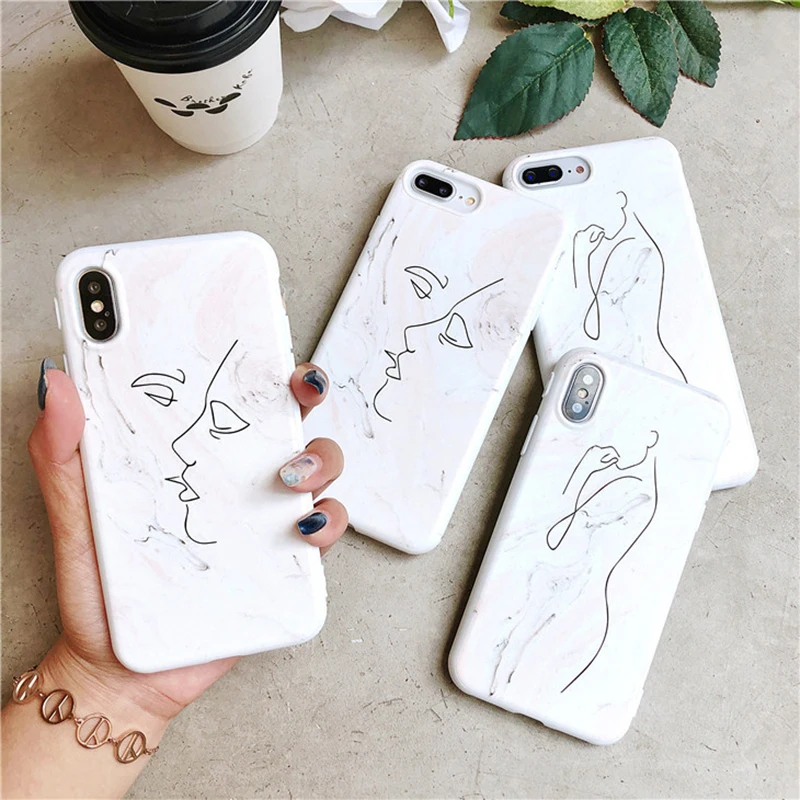 

Art Lines Painted Phone Case For iphone 6 Case For iphone 6 6S 7 8 Plus X Lovely Cartoon Couples Back Cover Ultra Slim Cases