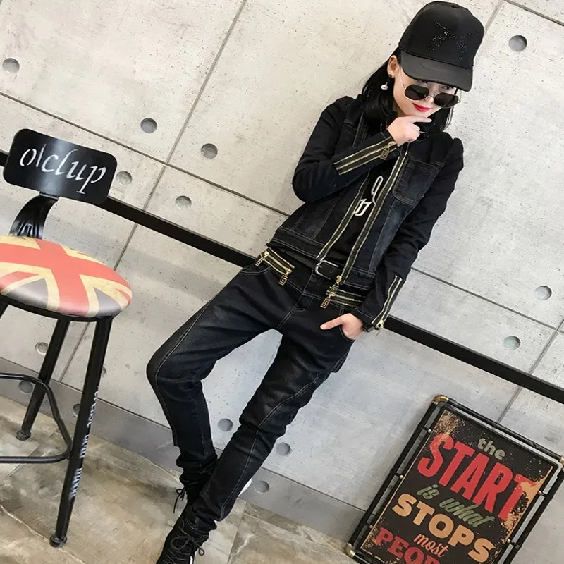 

Spring Autumn Fashion Women Bf Basic Denim Jacket Long Sleeve Female Jeans Suit set Casual Vintage Outwear Black Solid Two-piece