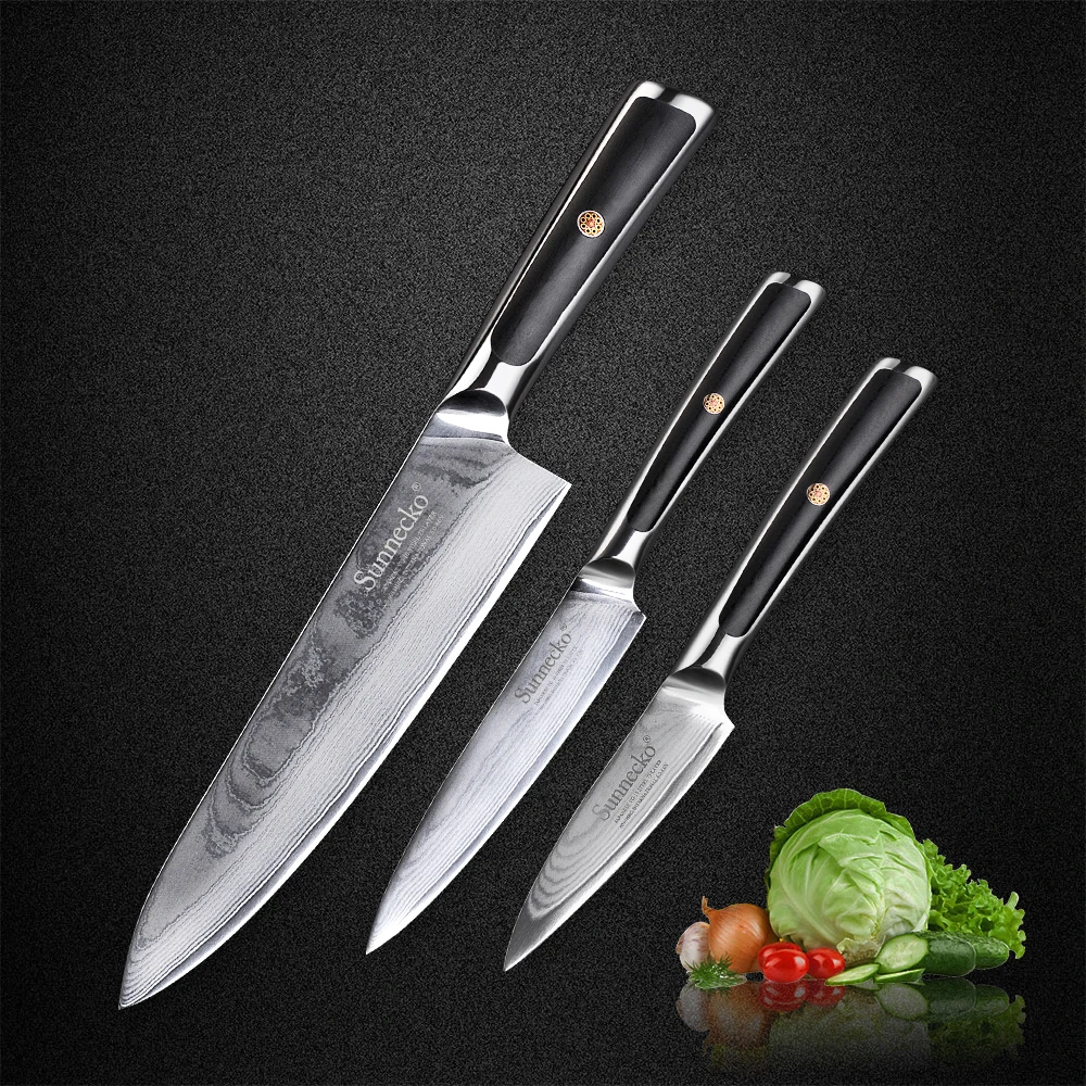 

SUNNECKO New 3PCS Damascus Kitchen Knives Set Japanese VG10 Core Steel Sharp Blade G10 Handle Chef Utility Paring Cutter Knife