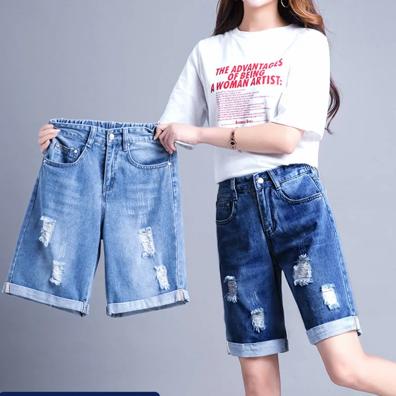 3008 Hot Sport Short Jeans Women Summer High Waist Elastic Hole Loose Boyfriend Jeans Korean Style Women Denim Wide Leg