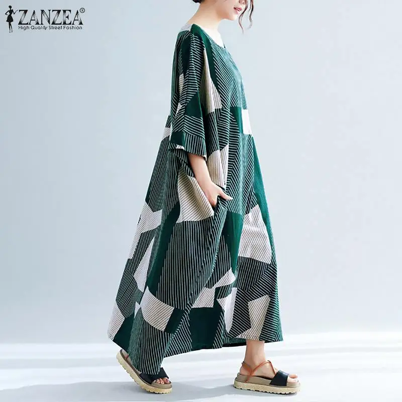 ZANZEA женский летний сарафан в богемном стиле винтажный геометрический рисунок Vestidos длинное Повседневное платье макси с круглым вырезом и карманами пляжное платье Femme