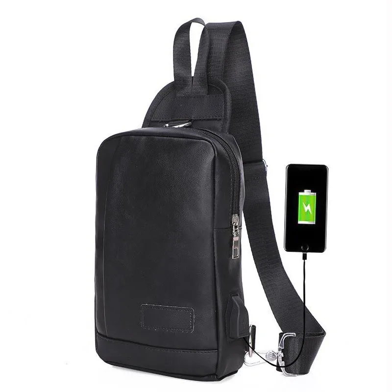 

2019 New Fashion Casual Chest Bag high Quality PU Leisure Bag USB Charging Messenger Bag men's multi-function travel Chest Bag