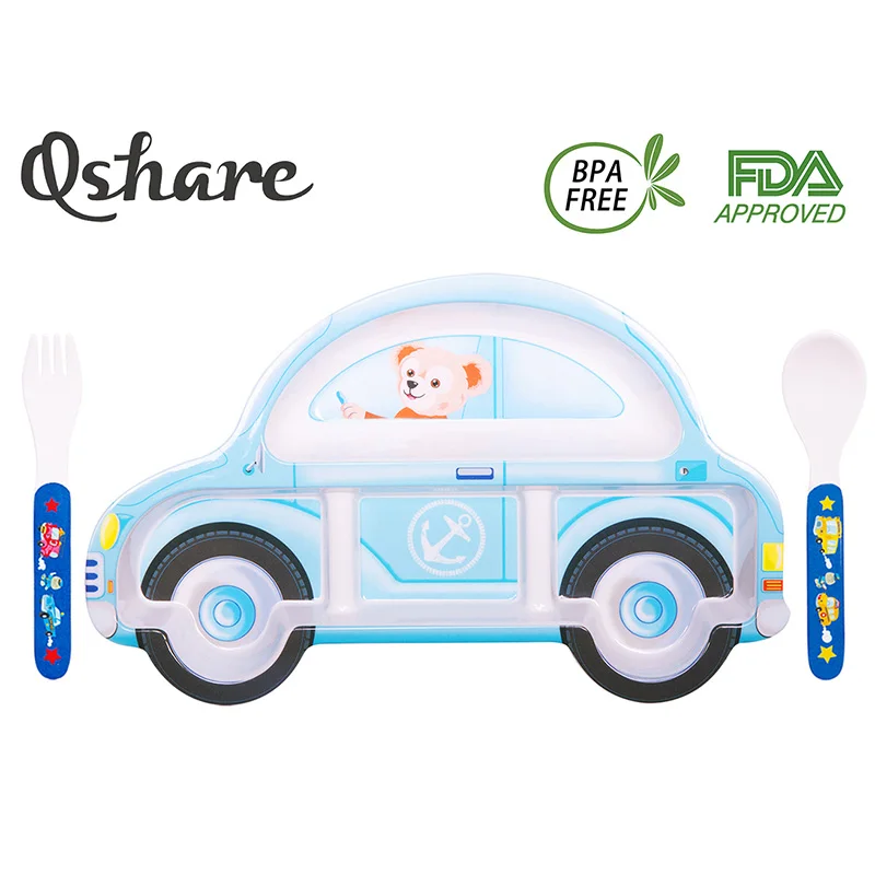 Bear Taxi Qshare ребенок FDA пластик имитация фарфора Младенческая тарелка посуда малыш лоток детский пищевой контейнер столовые приборы для кормления ребенка - Цвет: Bear Taxi