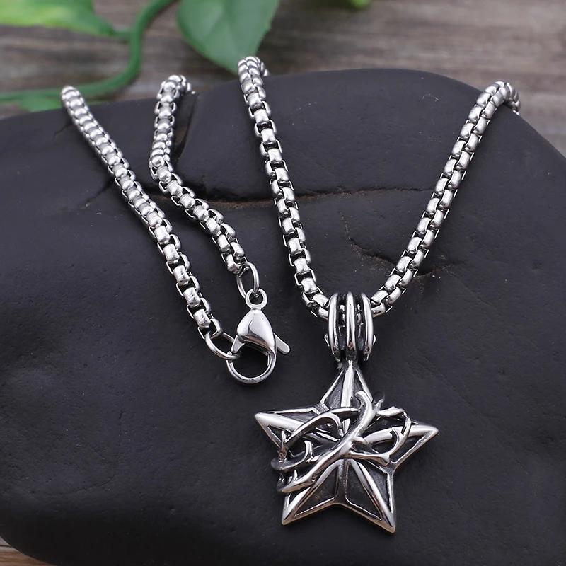 Classic Stainless Steel Star Pendant Necklace For Men 50cm Long Box Ch Velvet Box Classic Stainless Steel Star Pendant Necklace For Men 50cm Long Box Ch Velvet Box