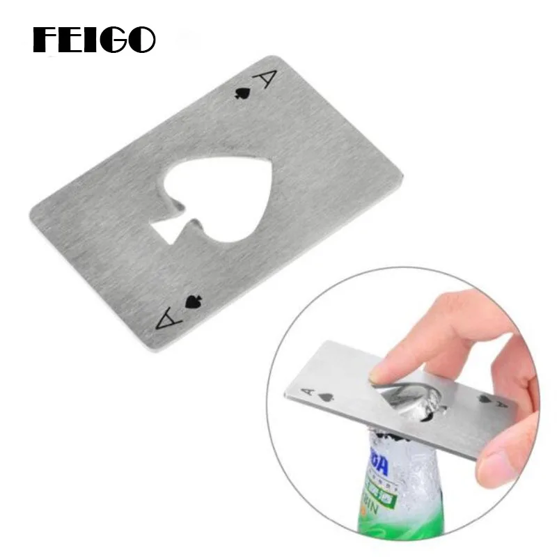 

FEIGO 1Pcs Creative Poker Shaped Bottle Can Opener Stainless Steel Credit Card Size Casino Bottle Opener Abrelatas Bar Tool F625